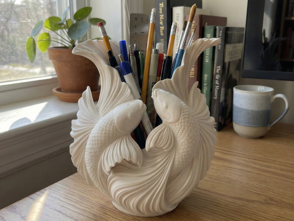 PLA 3D Printed Sculpture Koi Fish Pen Holder - Elegant Desk Organizer