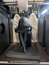 Crying Angel Sculpture - Winged Figure Decor in Matte Black PLA