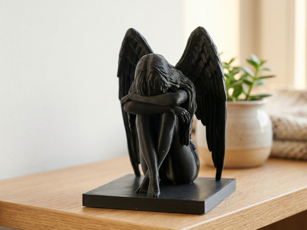 Sculptură Înger Plângător - Decor Figurina Înaripată din PLA Negru Mat