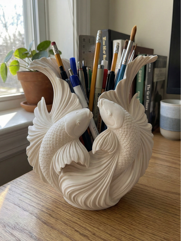 PLA 3D Printed Sculpture Koi Fish Pen Holder - Elegant Desk Organizer
