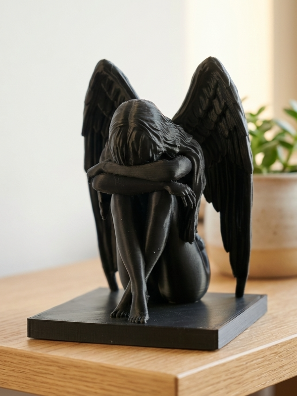 Sculptură Înger Plângător - Decor Figurina Înaripată din PLA Negru Mat